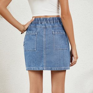 Женская джинсовая мини-юбка с карманами и эластичным поясом, цвет синий