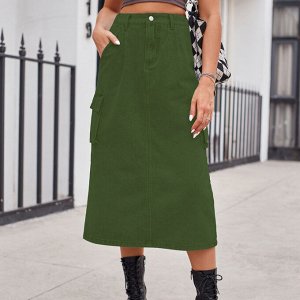 Женская джинсовая миди-юбка с карманами и разрезом сзади, цвет зелёный