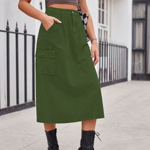 Женская джинсовая миди-юбка с карманами и разрезом сзади, цвет зелёный