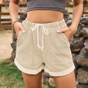 Женские джинсовые шорты с карманами и эластичным поясом на завязках, цвет бежево-песочный