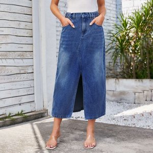 Женская джинсовая миди-юбка с карманами и разрезом спереди, цвет синий