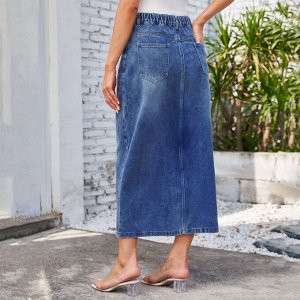 Женская джинсовая миди-юбка с карманами и разрезом спереди, цвет синий