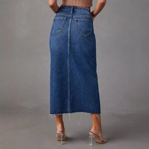 Женская джинсовая длинная миди-юбка с карманами и разрезом спереди, цвет синий