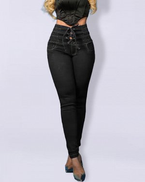 Женские облегающие джинсы со шнуровкой, цвет чёрный