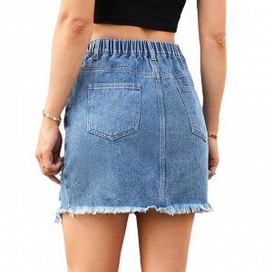 Женская джинсовая мини-юбка с карманами и потёртостями, цвет синий