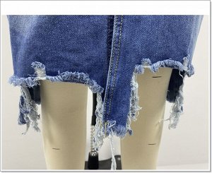 Женская джинсовая миди-юбка с карманами, разрезом спереди и рваным подолом, цвет синий