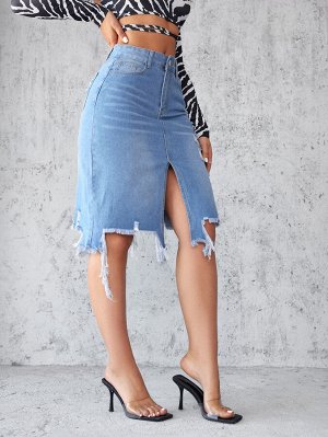 Женская джинсовая миди-юбка с карманами, разрезом спереди и рваным подолом, цвет голубой