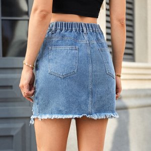 Женская джинсовая мини-юбка с карманами и потёртостями, цвет синий