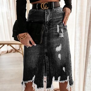 Женская джинсовая миди-юбка с карманами, разрезом спереди и рваным подолом, цвет чёрный