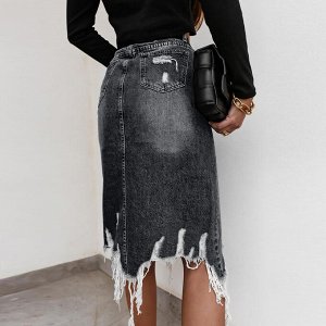 Женская джинсовая миди-юбка с карманами, разрезом спереди и рваным подолом, цвет чёрный