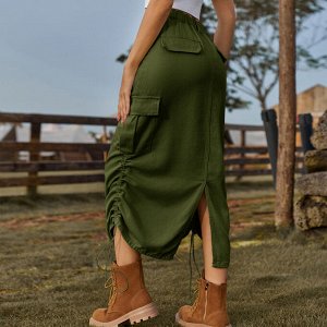 Женская длинная джинсовая юбка с карманами, завязками и разрезом сзади, цвет зелёный