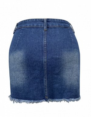 Женская джинсовая мини-юбка с карманами и потёртостями, на пуговицах, цвет синий