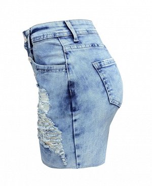 Женская джинсовая мини-юбка с карманами и потёртостями, на пуговицах, цвет светло-синий