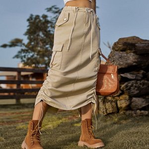 Женская длинная джинсовая юбка с карманами, завязками и разрезом сзади, цвет бежевый