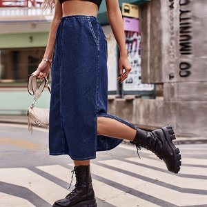 Женская джинсовая миди-юбка с карманами, эластичным поясом на завязках и разрезами по бокам, цвет тёмно-синий
