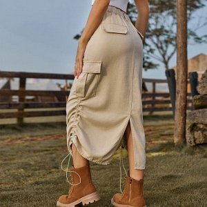 Женская длинная джинсовая юбка с карманами, завязками и разрезом сзади, цвет бежевый
