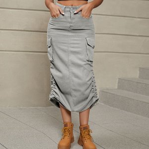 Женская длинная джинсовая юбка с карманами, завязками и разрезом сзади, цвет светло-серый