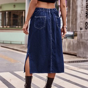Женская джинсовая миди-юбка с карманами, эластичным поясом на завязках и разрезами по бокам, цвет тёмно-синий