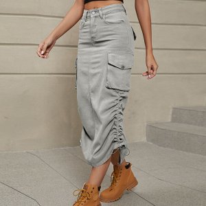 Женская длинная джинсовая юбка с карманами, завязками и разрезом сзади, цвет светло-серый