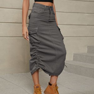 Женская длинная джинсовая юбка с карманами, завязками и разрезом сзади, цвет серый