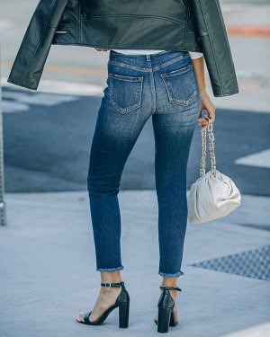 Женские укороченные облегающие рваные джинсы на пуговицах, цвет синий