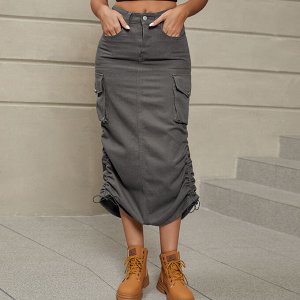 Женская длинная джинсовая юбка с карманами, завязками и разрезом сзади, цвет серый