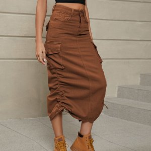 Женская длинная джинсовая юбка с карманами, завязками и разрезом сзади, цвет коричневый