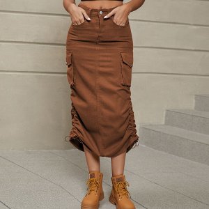 Женская длинная джинсовая юбка с карманами, завязками и разрезом сзади, цвет коричневый