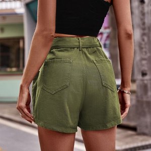 Женская джинсовая юбка-шорты с карманами и поясом, цвет зелёный