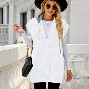Женский джинсовый жилет с капюшоном, воротником и карманами, на пуговицах, цвет белый