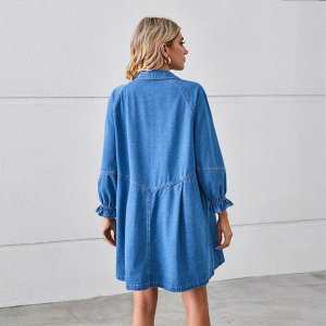 Женское джинсовое короткое платье с длинными рукавами, на пуговицах, цвет светло-синий