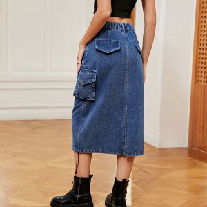 Женская длинная джинсовая юбка с карманами, завязками и разрезом сзади, цвет синий