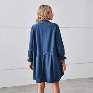 Женское джинсовое короткое платье с длинными рукавами, на пуговицах, цвет тёмно-синий