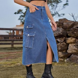 Женская длинная джинсовая юбка с карманами и разрезом спереди, цвет синий