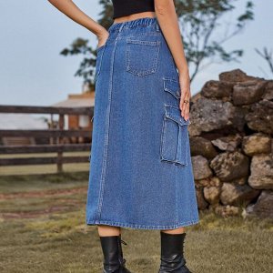 Женская длинная джинсовая юбка с карманами и разрезом спереди, цвет синий