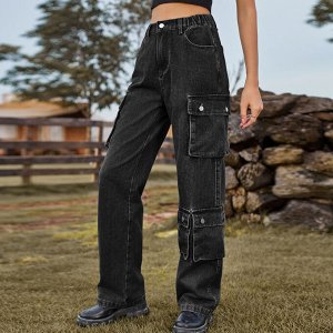 Женские джинсовые брюки карго с карманами и эластичным поясом, цвет серо-чёрный