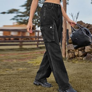 Женские джинсовые брюки карго с карманами и эластичным поясом, цвет серо-чёрный