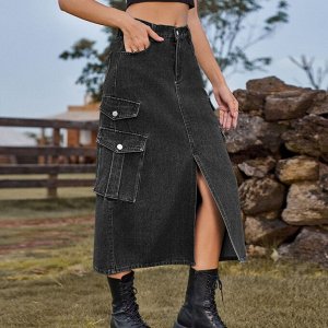 Женская длинная джинсовая юбка с карманами и разрезом спереди, цвет тёмно-серый
