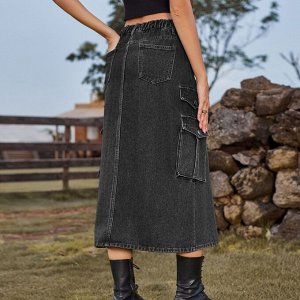 Женская длинная джинсовая юбка с карманами и разрезом спереди, цвет тёмно-серый