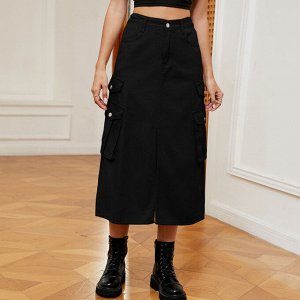 Женская длинная джинсовая юбка с карманами и разрезом спереди, цвет чёрный