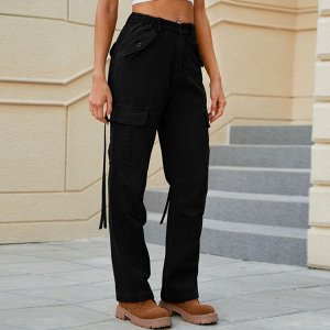 Женские джинсовые брюки карго с карманами и эластичным поясом, цвет чёрный