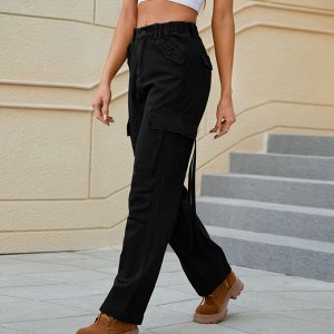Женские джинсовые брюки карго с карманами и эластичным поясом, цвет чёрный