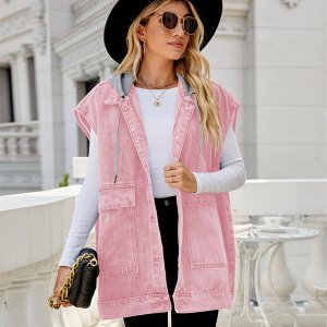 Женский джинсовый жилет с капюшоном, воротником и карманами, на пуговицах, цвет розовый