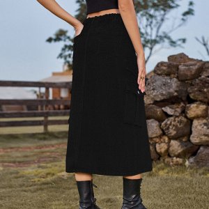 Женская длинная джинсовая юбка с карманами и разрезом спереди, цвет чёрный