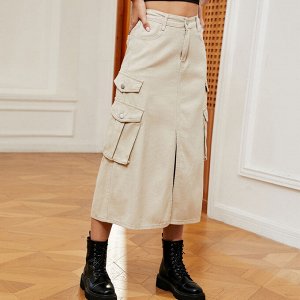 Женская длинная джинсовая юбка с карманами и разрезом спереди, цвет бежевый