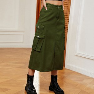 Женская длинная джинсовая юбка с карманами и разрезом спереди, цвет зелёный
