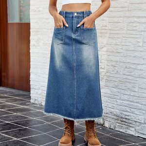 Женская длинная джинсовая юбка с эластичным поясом, карманами и бахромой по подолу, цвет синий