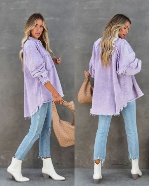 Женская джинсовая куртка с длинными рукавами и карманами, на пуговицах, цвет светло-фиолетовый