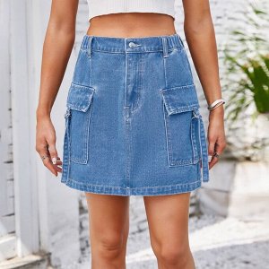 Женская джинсовая мини-юбка с карманами, цвет светло-синий