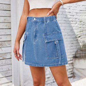 Женская джинсовая мини-юбка с карманами, цвет светло-синий